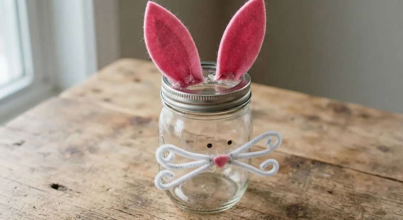 A clear mason jar with large pink felt bunny ears and curled white pipe cleaner whiskers on its lid.
