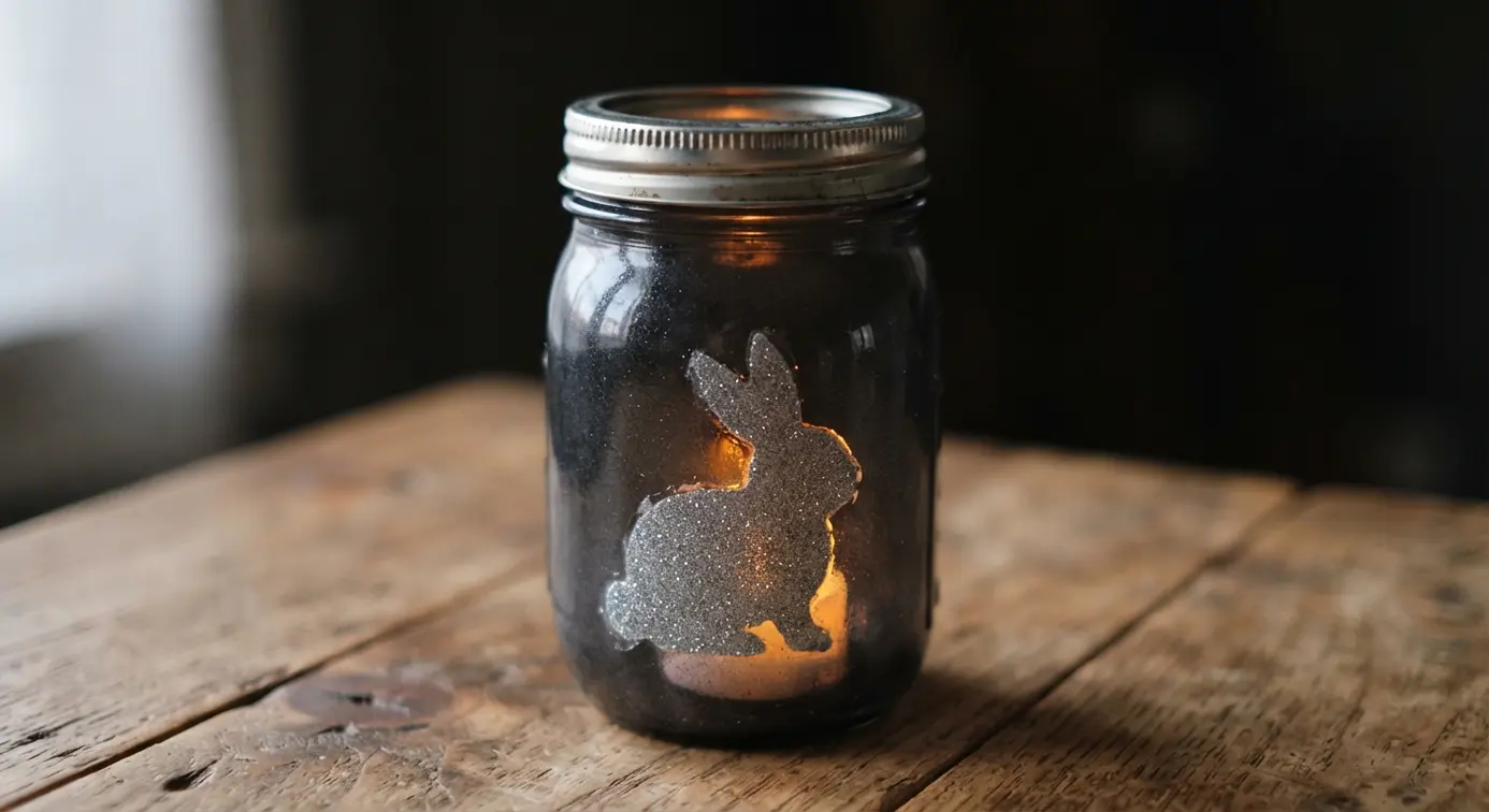 A mason jar with a sparkling silver glitter bunny silhouette applied to dark glass, designed to glow with a light inside.