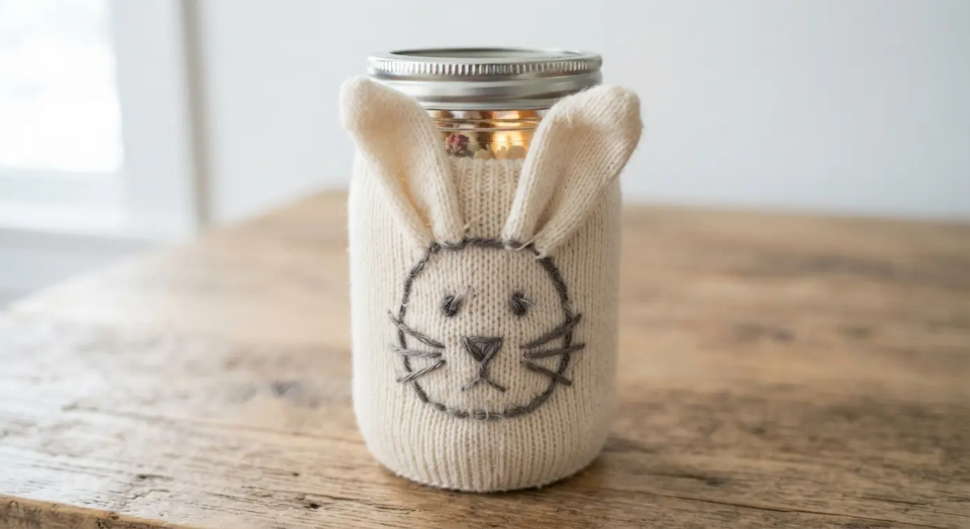 A mason jar covered by a soft, knit sock material sleeve with an embroidered bunny face on the front.
