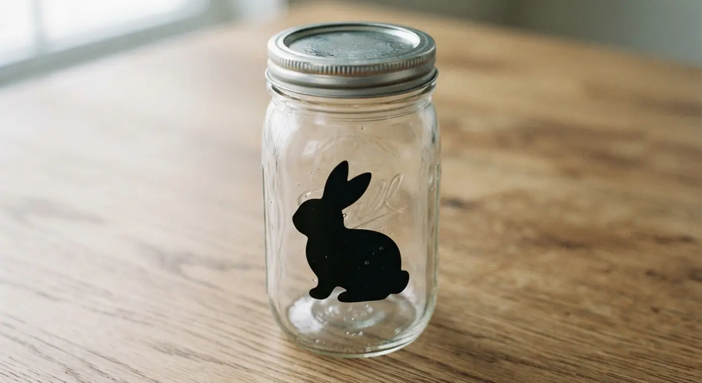 A plain glass mason jar with a single, sleek black vinyl decal of a bunny in profile.
