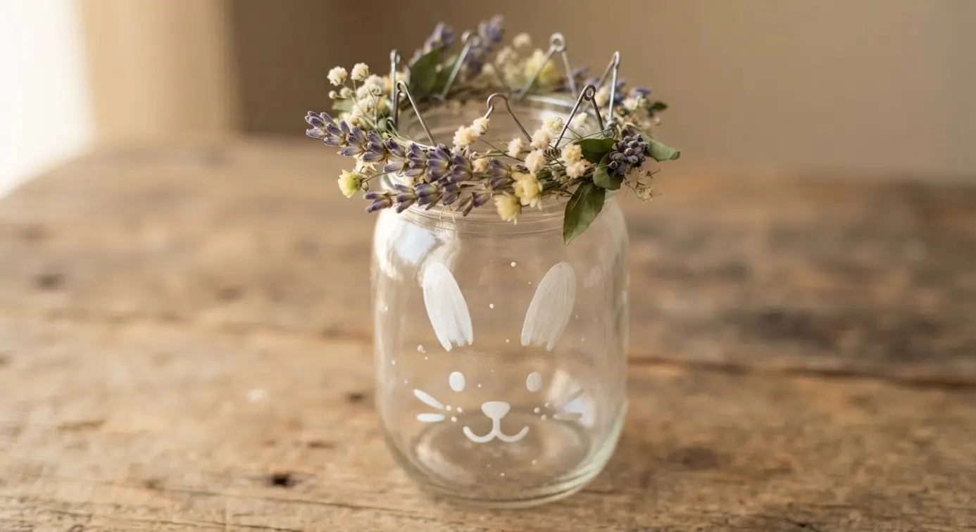 A mason jar with a painted bunny face, embellished with a small crown made of faux lavender and baby's breath flowers.