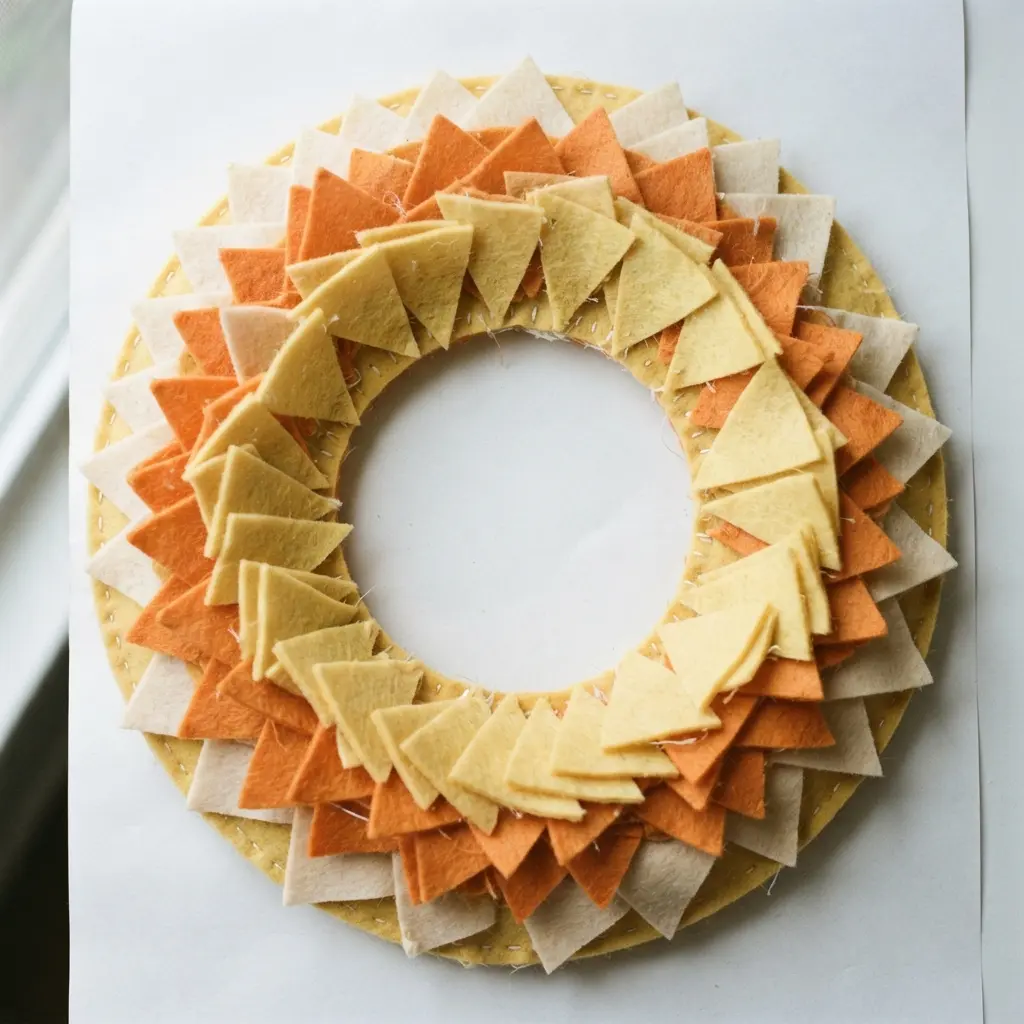 A round wreath featuring stacked felt candy corn shapes in yellow, orange, and white.
