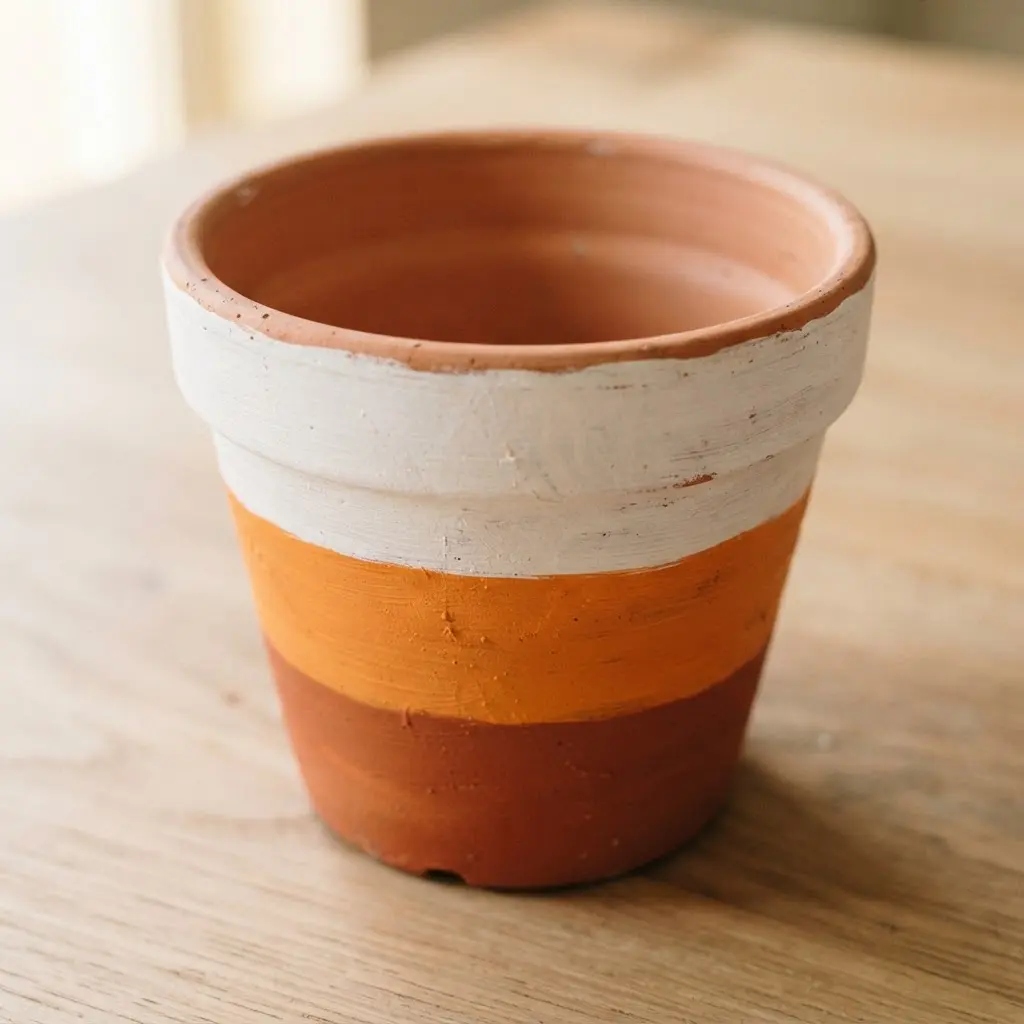 A small terracotta flower pot painted with crisp yellow, orange, and white horizontal bands.