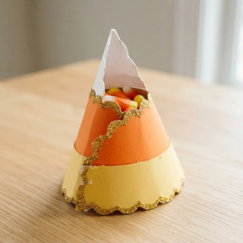 A paper cone treat holder shaped and colored like a glittery candy corn piece.