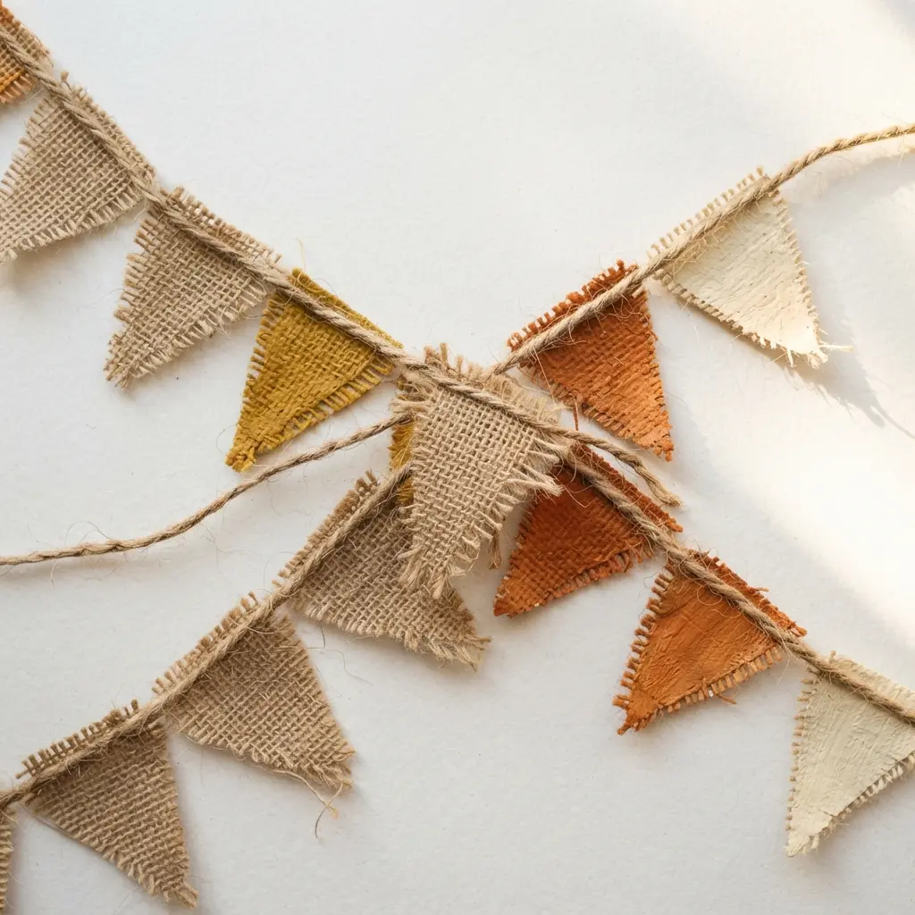 A string of candy corn shapes cut from coarse, natural-colored burlap ribbon.