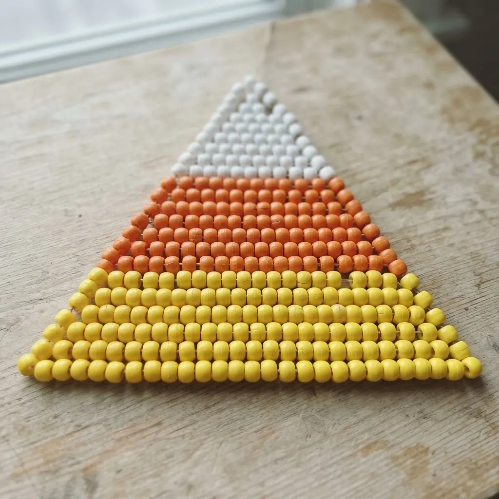 A door hanger in the shape of a candy corn made from yellow, orange, and white plastic beads.