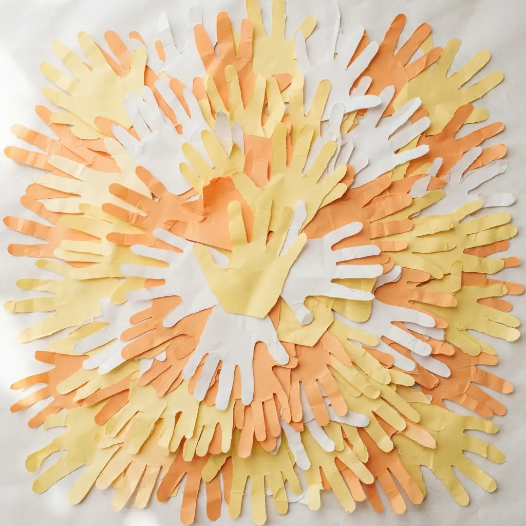 A framed artwork showing overlapping child handprints painted yellow, orange, and white.