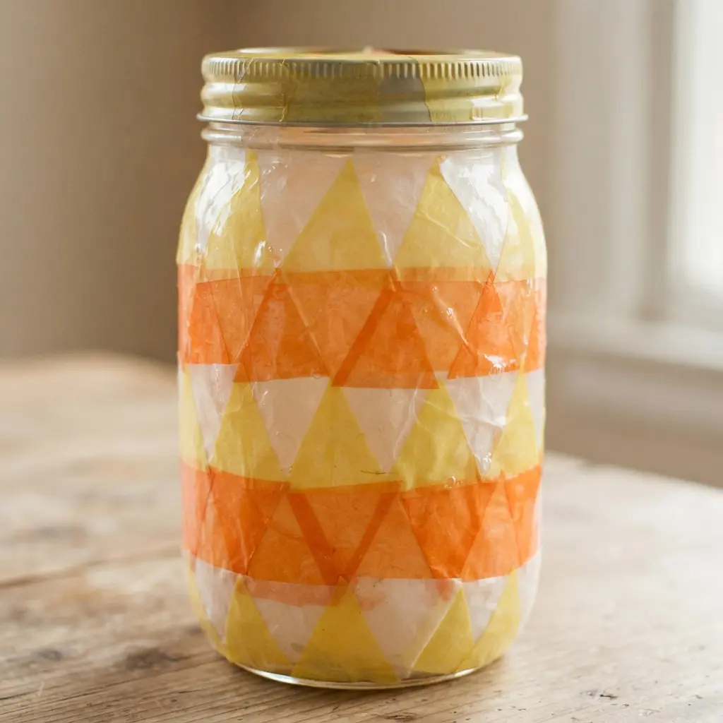 A clear mason jar covered in candy corn patterned paper with a glowing candle inside.