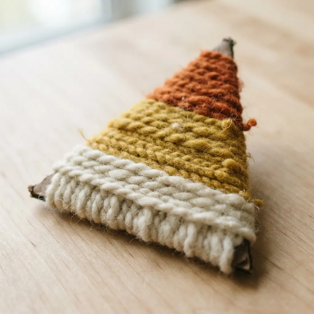 Triangular ornaments wrapped tightly with chunky yellow, orange, and white yarn.