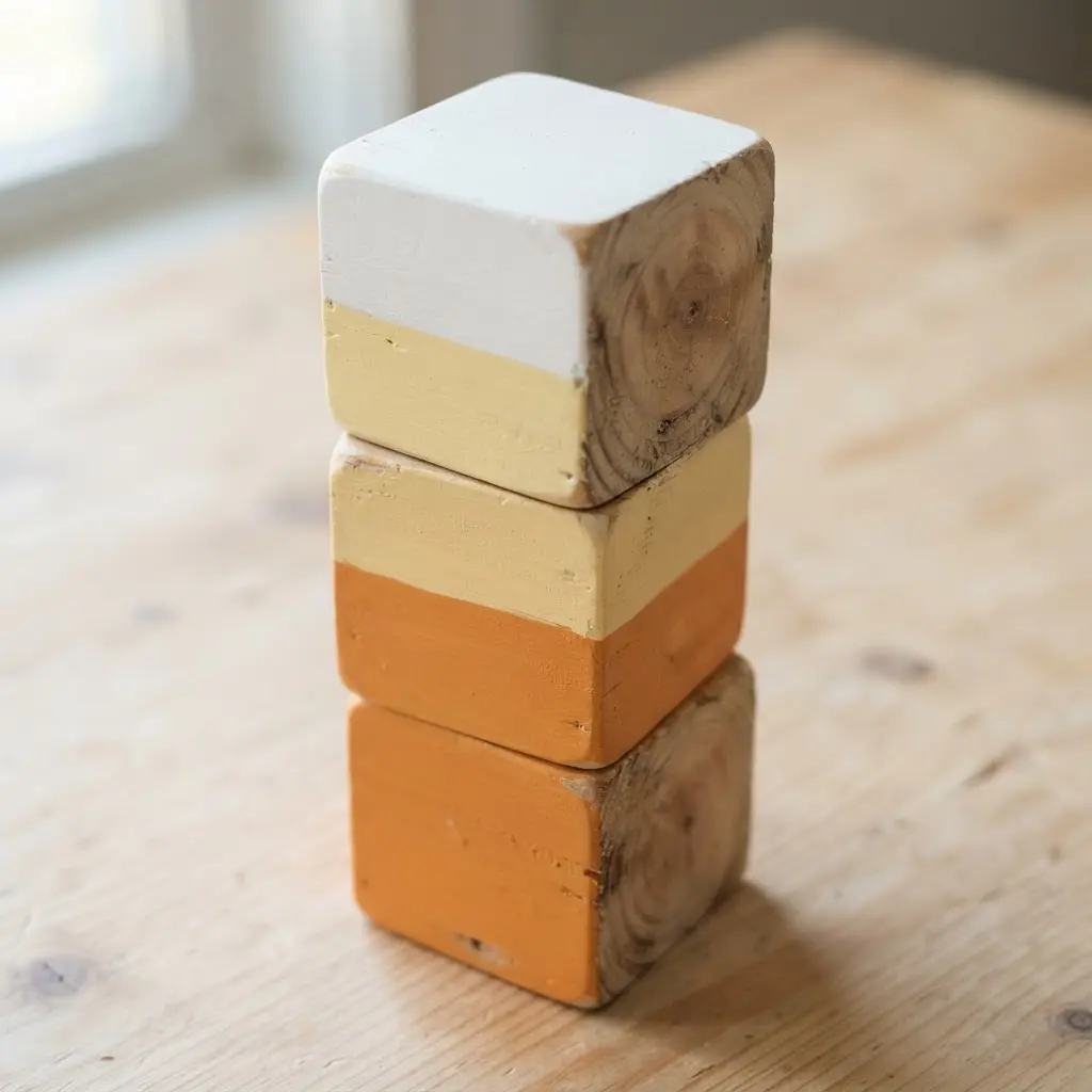 Three square wooden blocks painted yellow, orange, and white and stacked vertically.