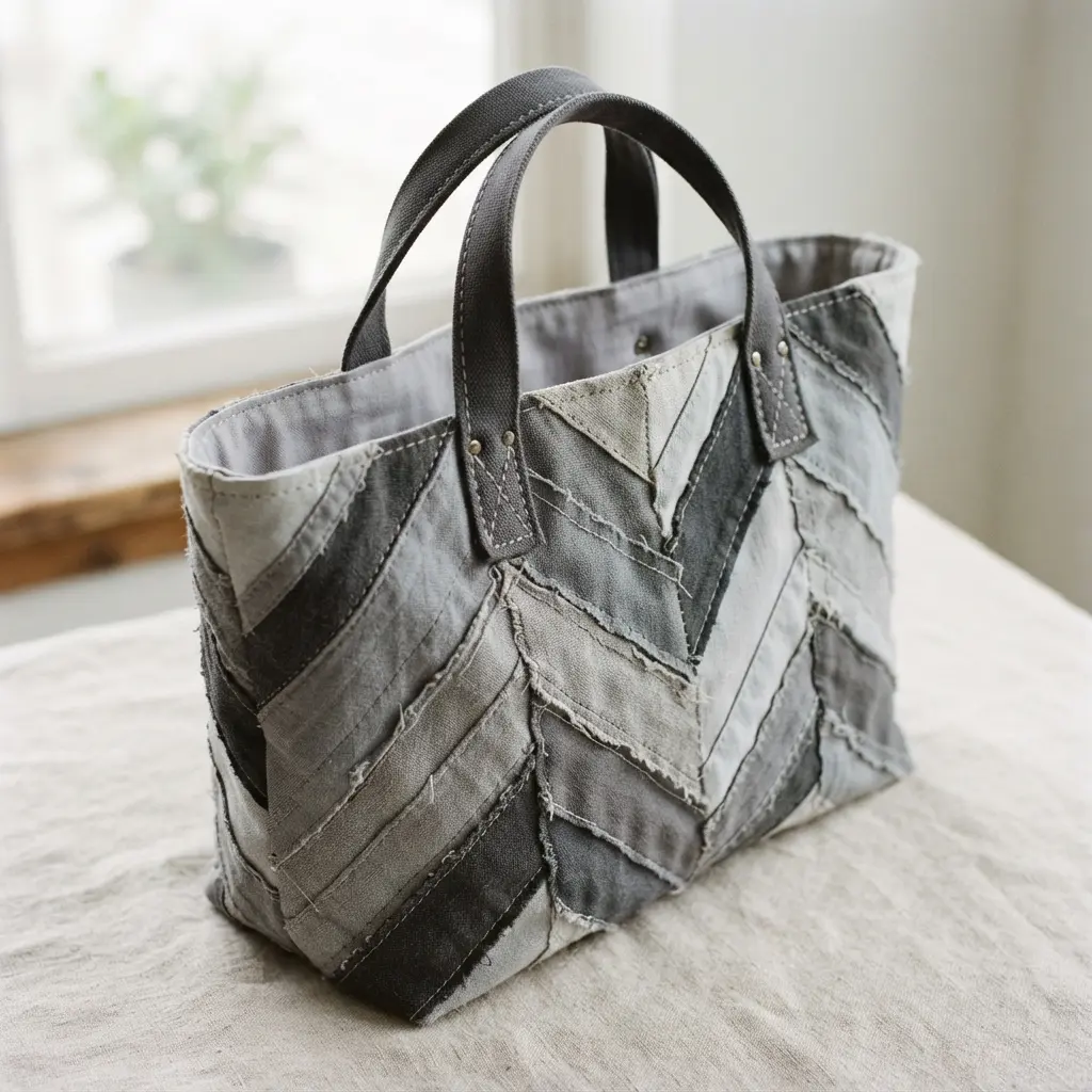 A minimalist canvas tote bag in various shades of grey with a precise pieced chevron pattern.