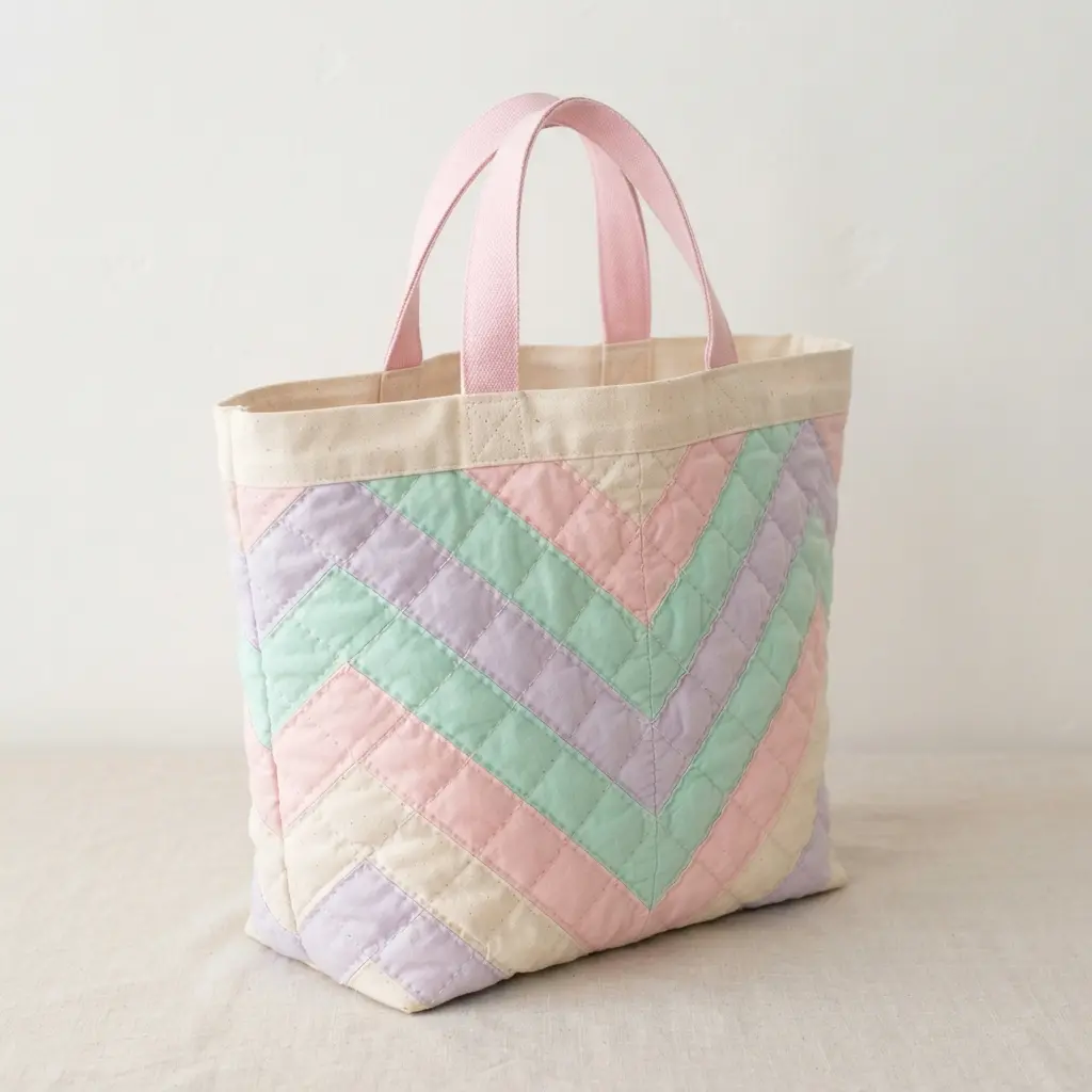 A modern tote bag in pastel colors featuring a chevron design created with quilting techniques for a padded effect.