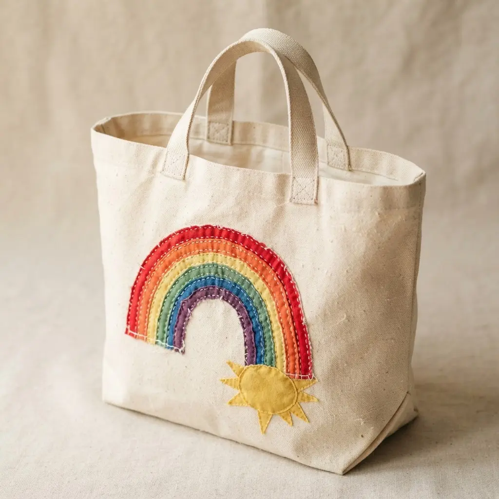 A neutral canvas tote bag decorated with bright, multi-colored chevron shapes using an appliqué technique.