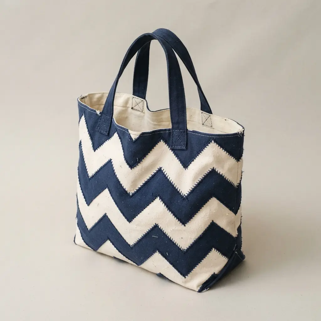 A durable canvas shopping bag with a high-contrast zigzag pattern in navy blue and cream.
