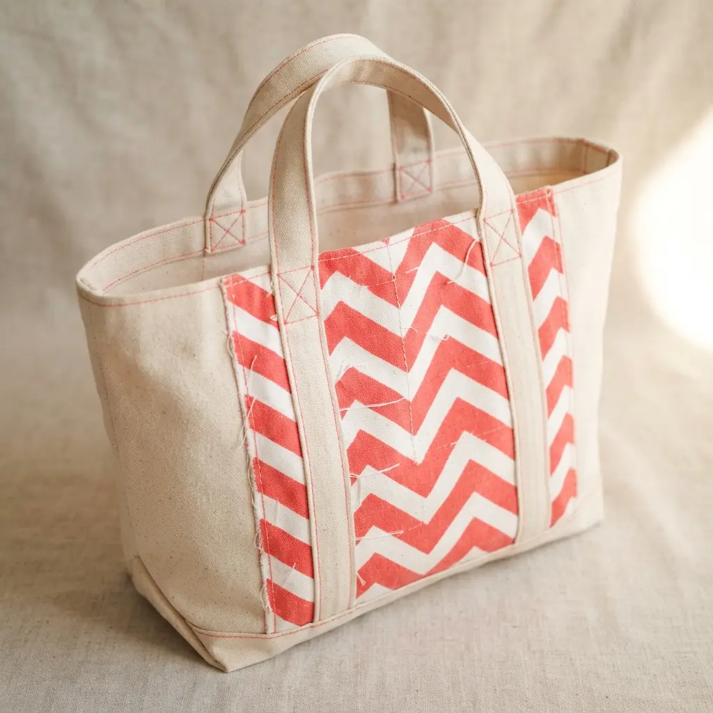 A large canvas tote bag with a dramatic, oversized chevron pattern using only two contrasting fabric colors.