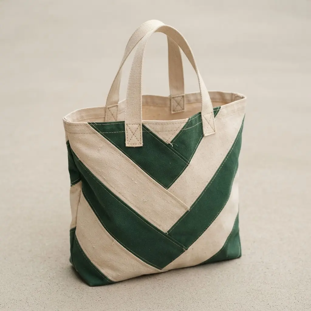 A boxy market tote made from canvas with structured sides featuring a pieced chevron panel design.