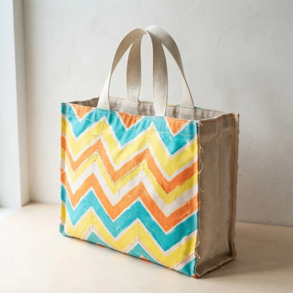 A large, open-top beach bag made from canvas with a multi-colored striped chevron fabric pattern.