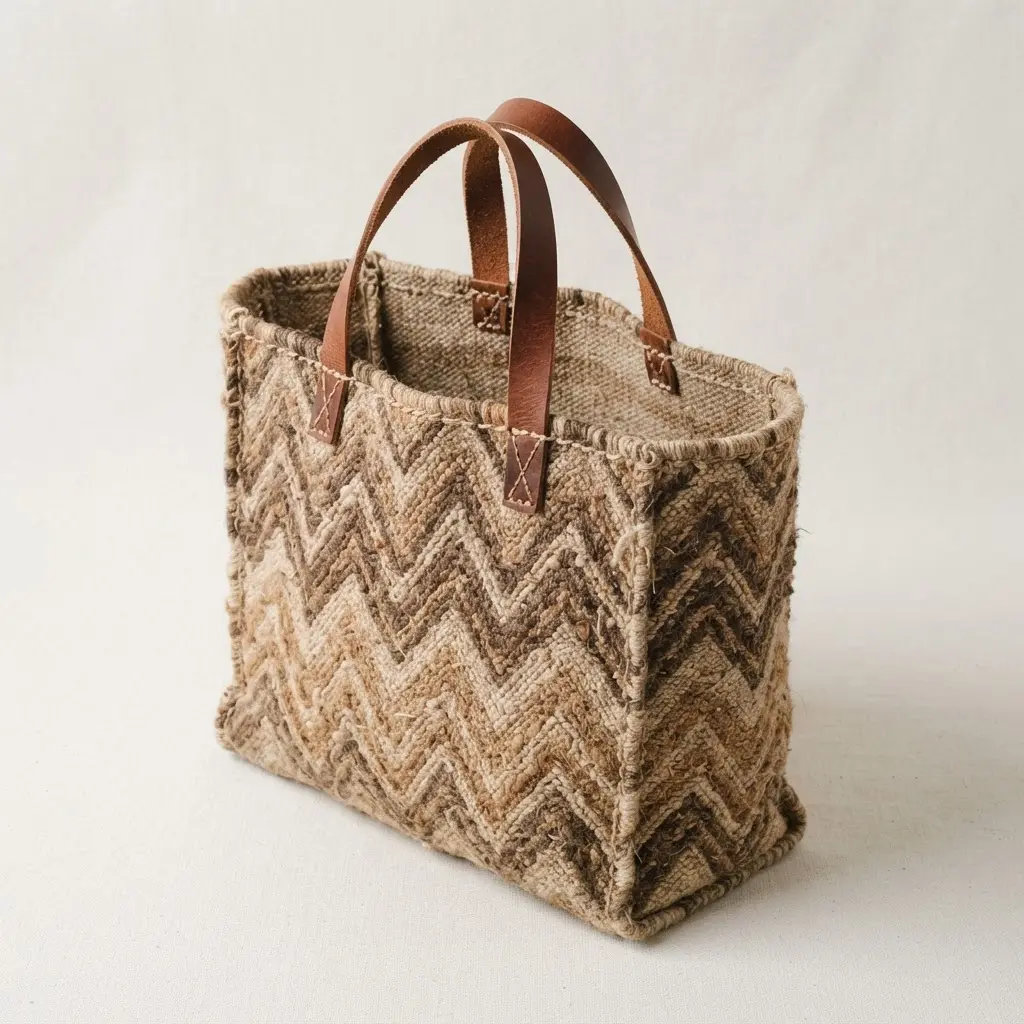 An elegant canvas carryall bag with a woven chevron texture using fabrics in earth tone colors.