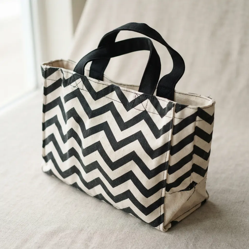 A graphic canvas tote bag with a sharp, high-contrast chevron pattern in black and white.