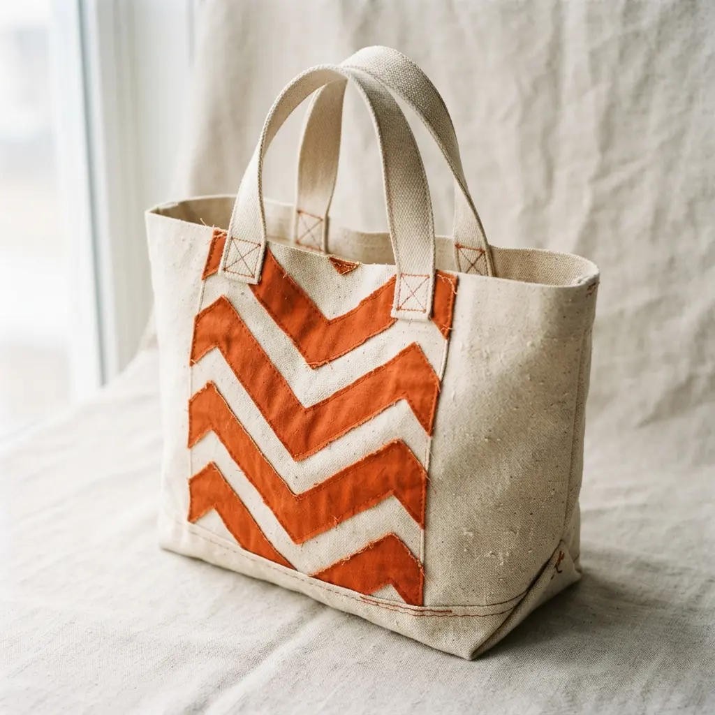 A simple canvas bag with a functional front pocket made from a contrasting chevron-patterned fabric.