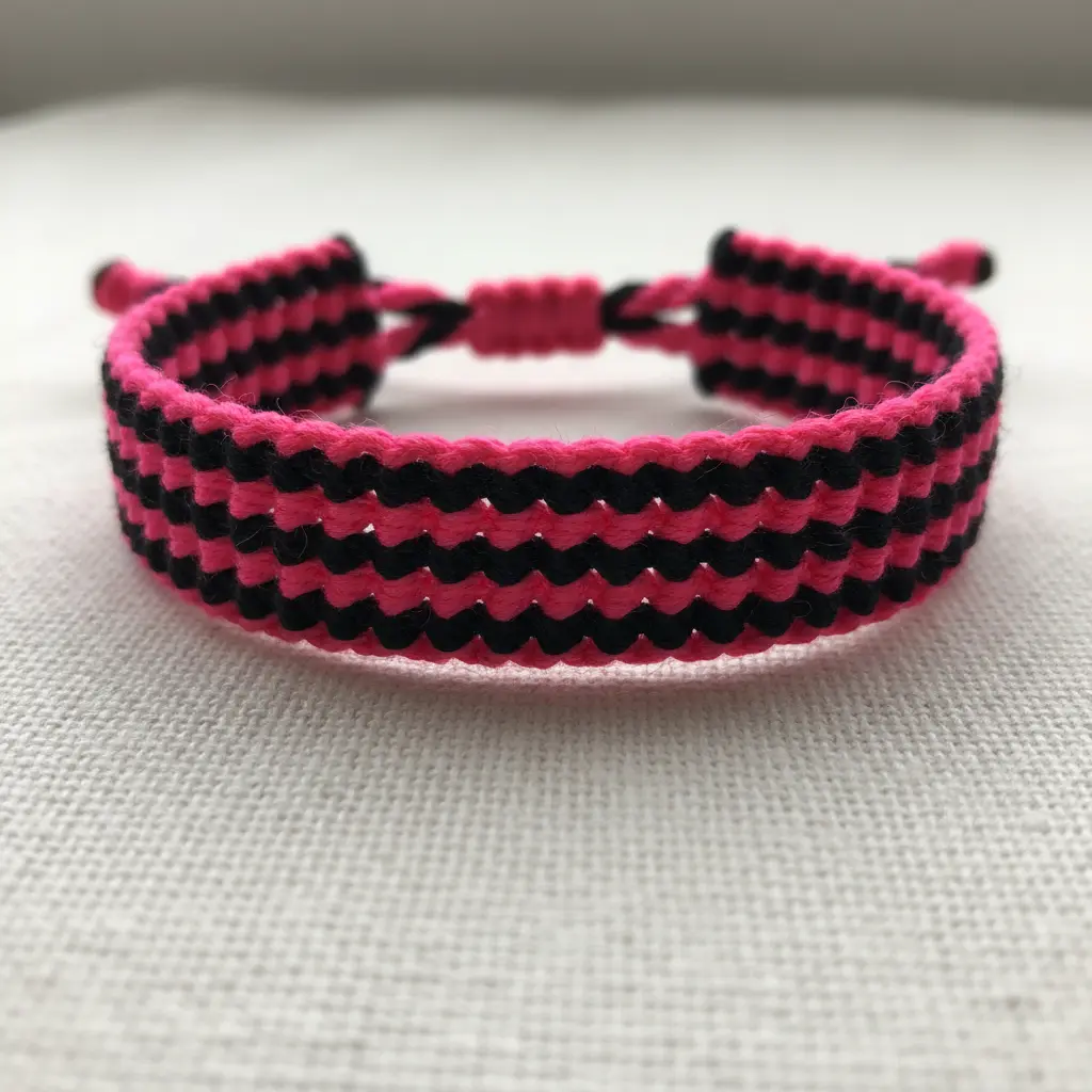 A tightly knotted friendship bracelet with alternating stripes of vibrant neon pink and solid black.