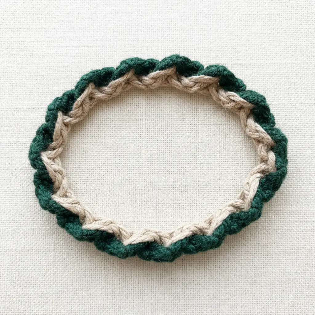 A nature-inspired Chinese ladder bracelet made with dark forest green and light beige threads.