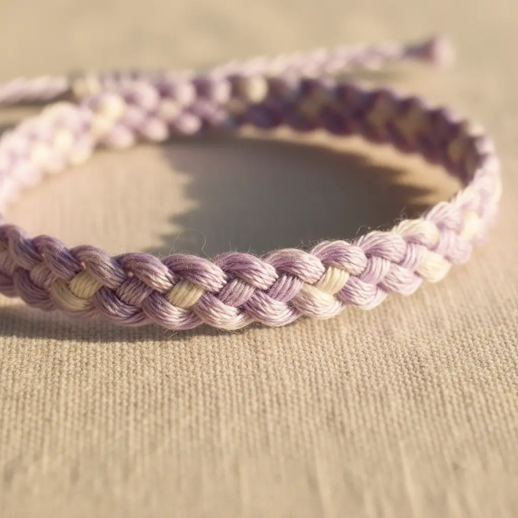 A gentle, pastel Chinese ladder bracelet woven with light purple and creamy white threads.