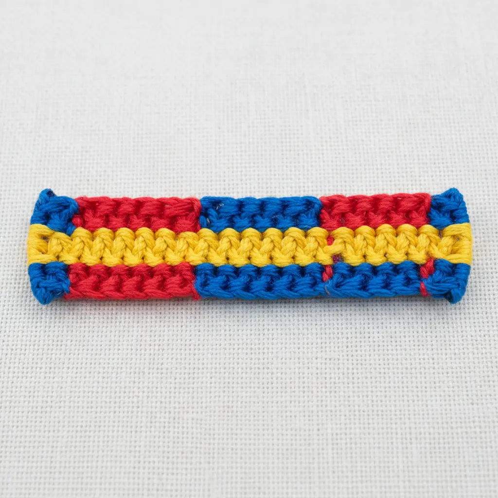 A bright, blocky friendship bracelet featuring solid sections of primary red, yellow, and blue.