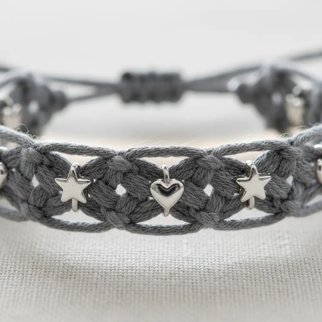 A monochrome Chinese ladder bracelet with tiny silver charms attached at regular intervals.