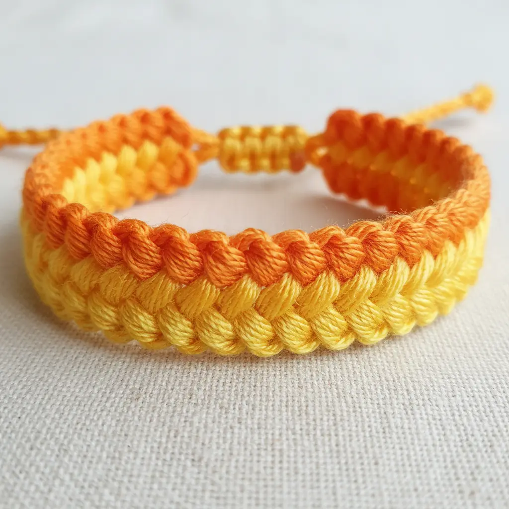 A warm-toned friendship bracelet that blends from bright orange into a soft golden yellow.