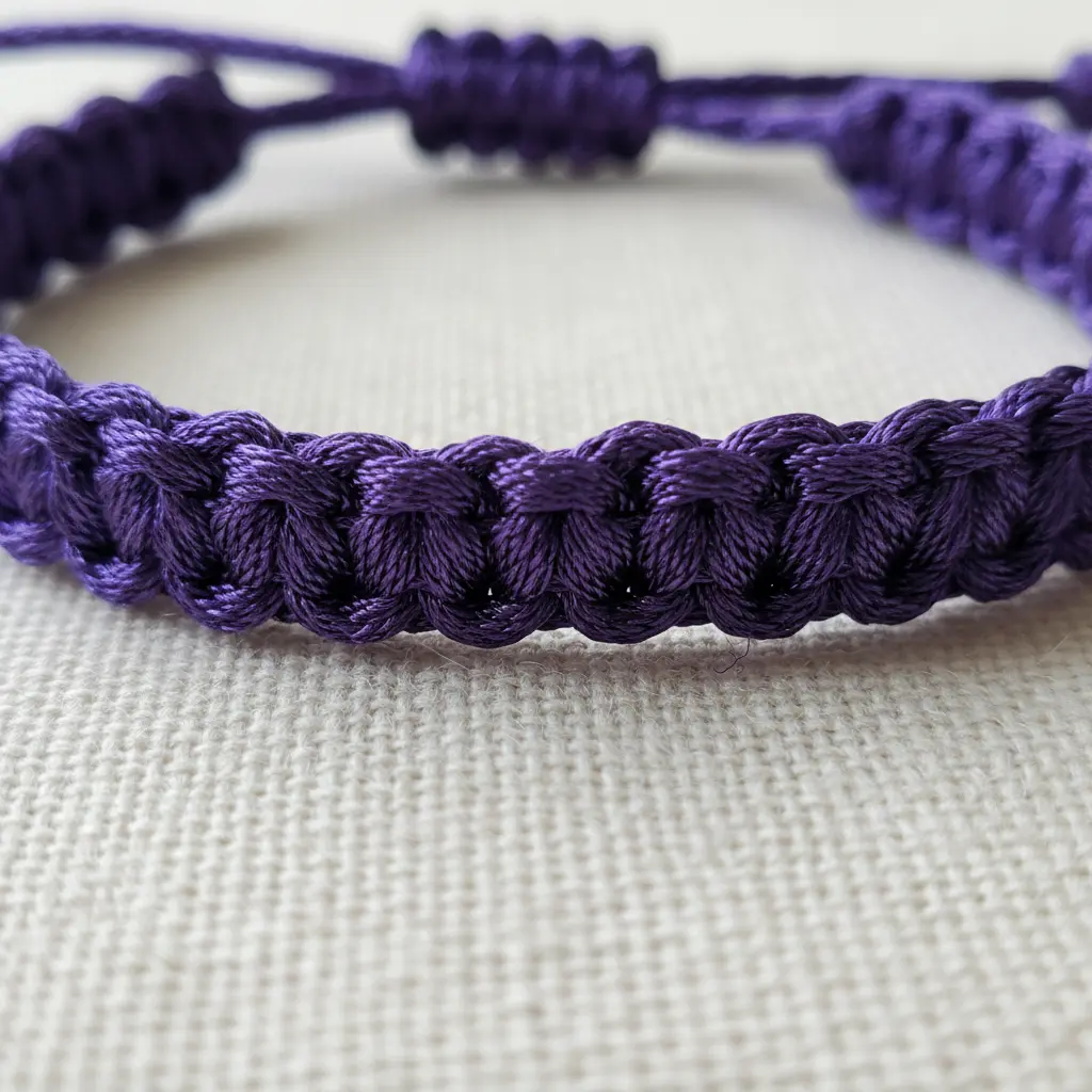 A luxurious Chinese ladder bracelet crafted from a single strand of shimmery deep purple metallic floss.