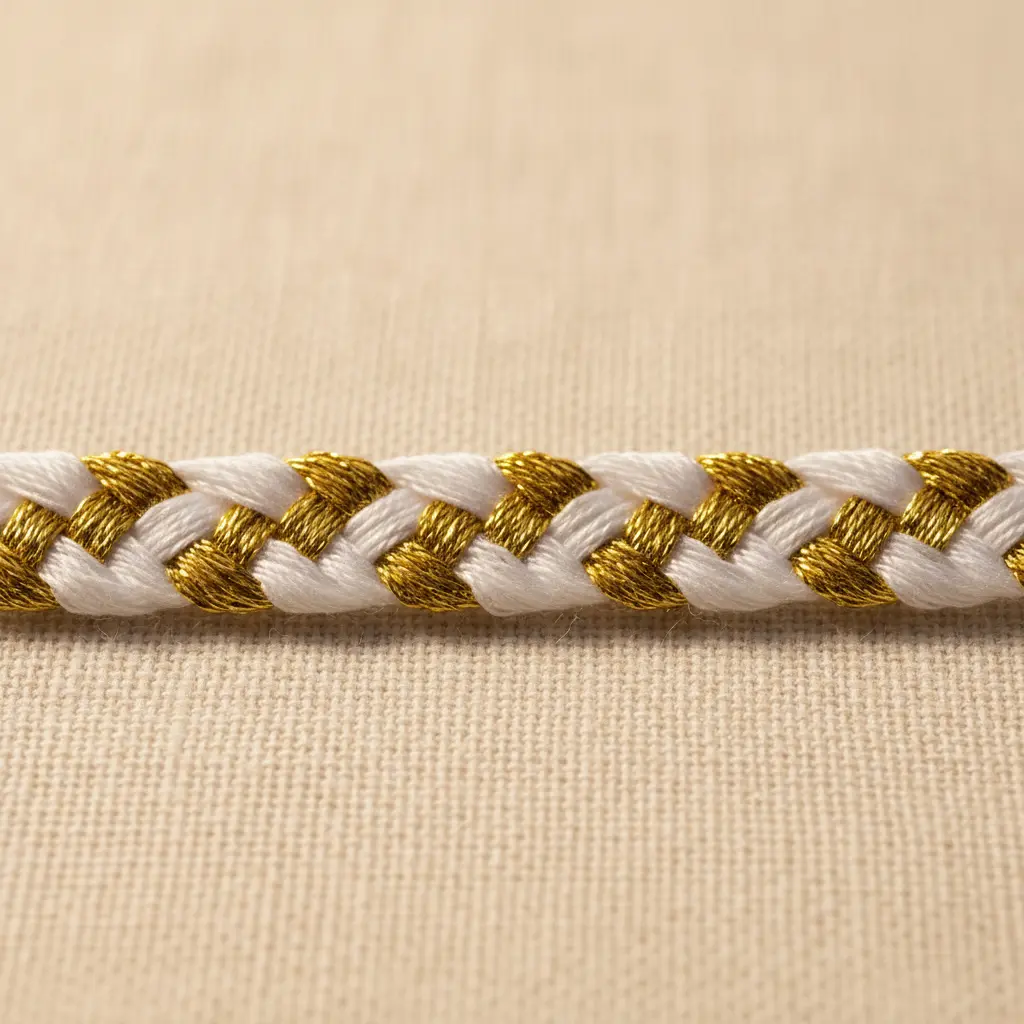A shiny Chinese ladder bracelet made with lustrous gold metallic thread and pure white floss.