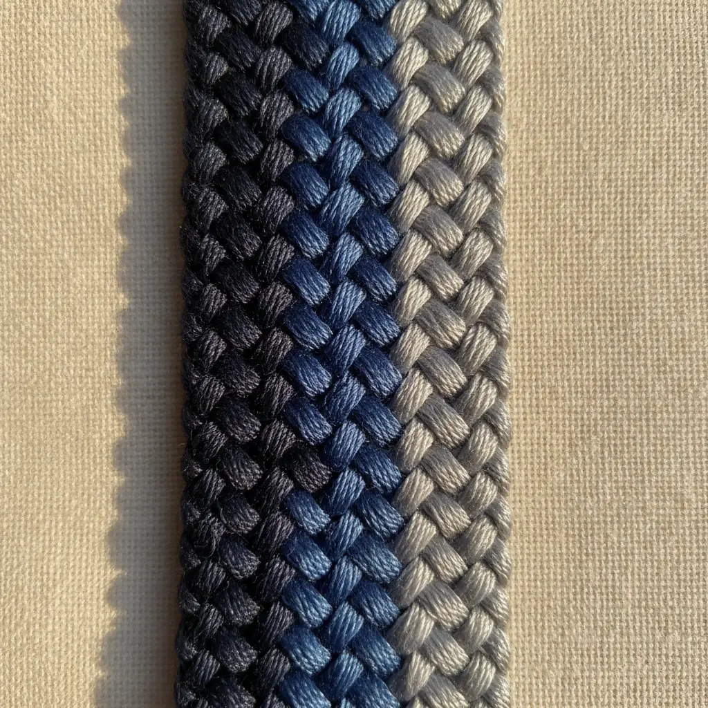 A friendship bracelet with an ombre fade from dark navy blue into a lighter silvery gray shade.
