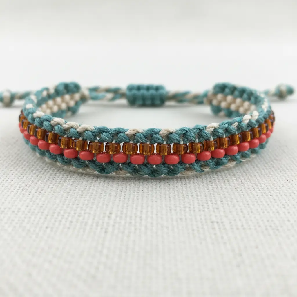 A two-tone knotted bracelet with a row of small, colorful seed beads embedded along its center line.