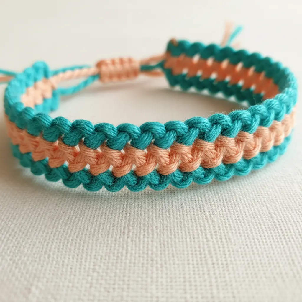 A summery Chinese ladder bracelet combining bright teal and warm peach threads in a crisp pattern.