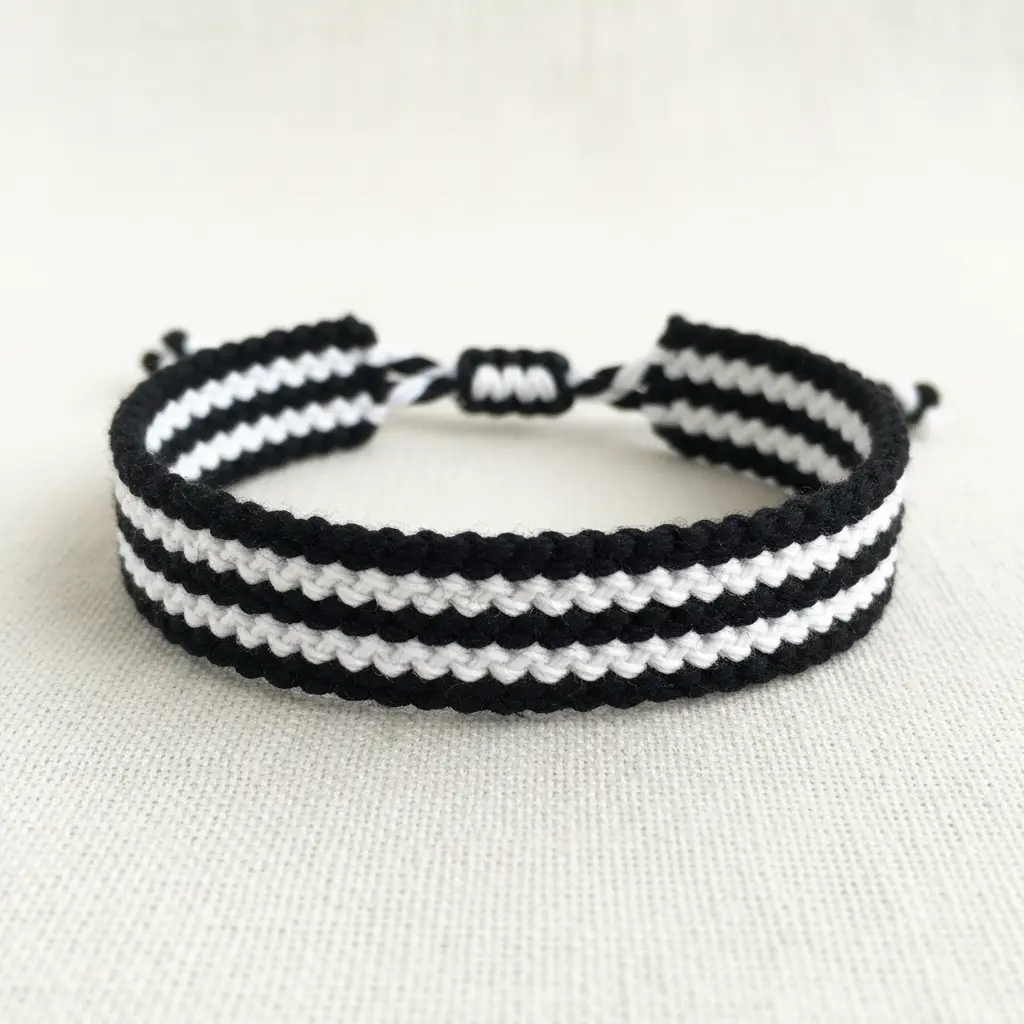 A bold friendship bracelet with sharp, alternating stripes of solid black and pure white.