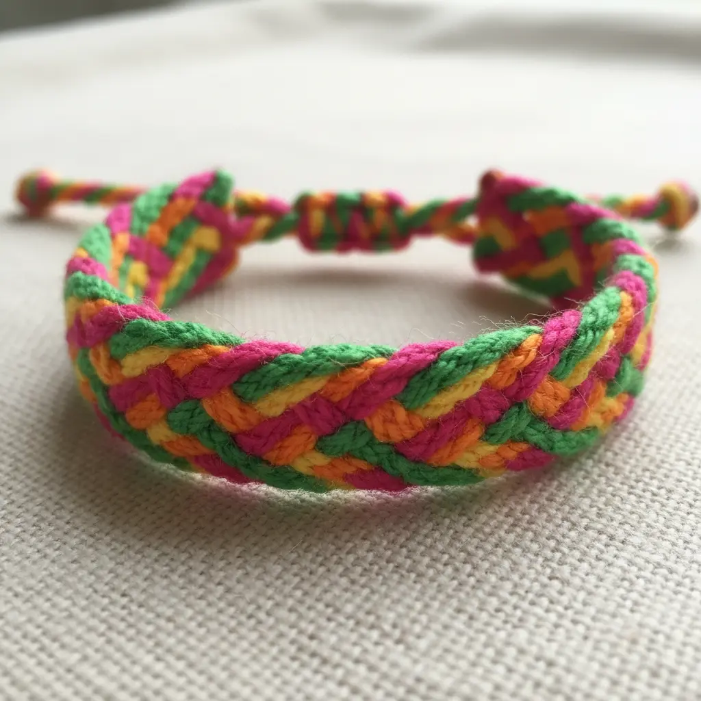 A vibrant Chinese ladder bracelet woven with threads of electric green, pink, orange, and yellow.
