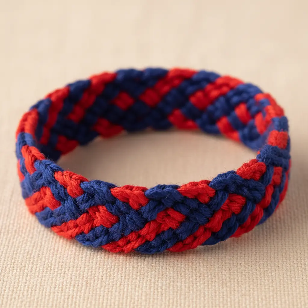 A primary-colored friendship bracelet with distinct sections of bright red and rich royal blue.