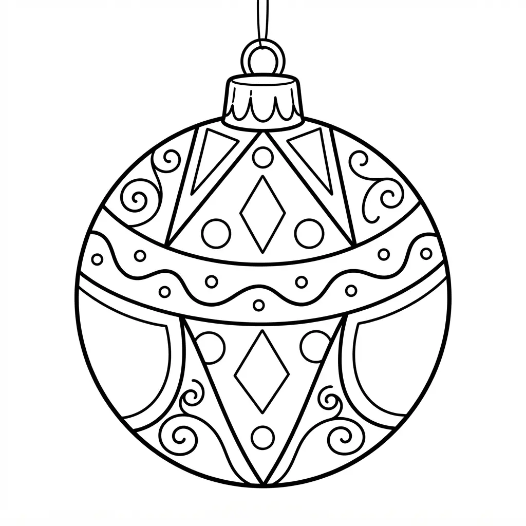 A classic Christmas ornament bauble with a bold, patterned outline ready for coloring.