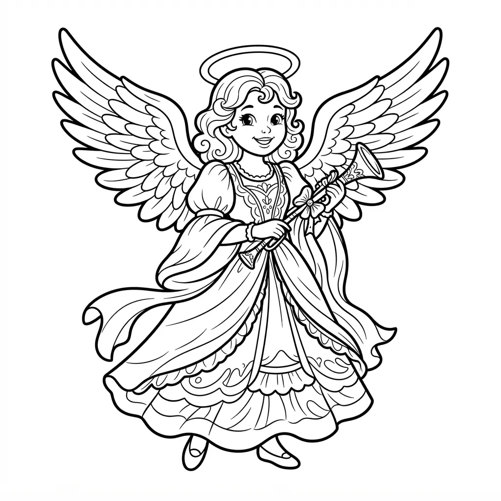 An ornate Victorian angel ornament silhouette with flowing robes and detailed wings.