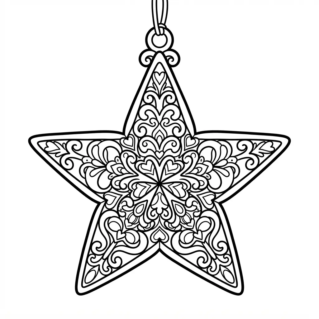 A detailed star ornament with an elaborate, swirling filigree pattern for coloring.
