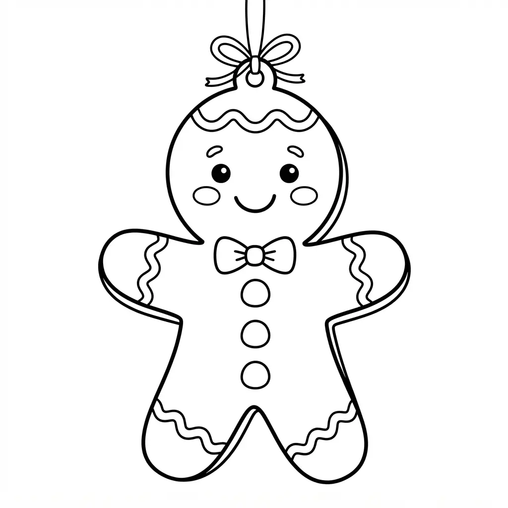 A whimsical gingerbread man shaped ornament with frosting swirls and candy details.