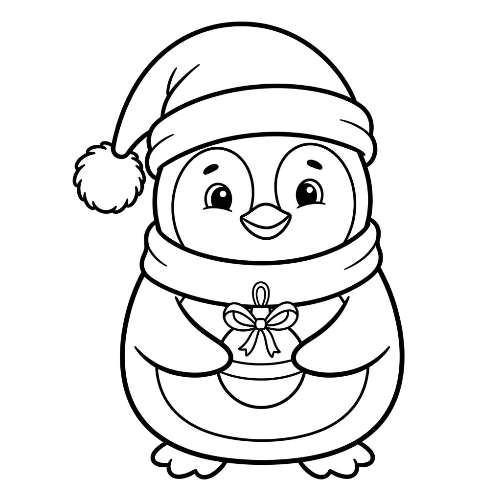 A cute penguin character ornament wearing a Santa hat with a simple, friendly outline.