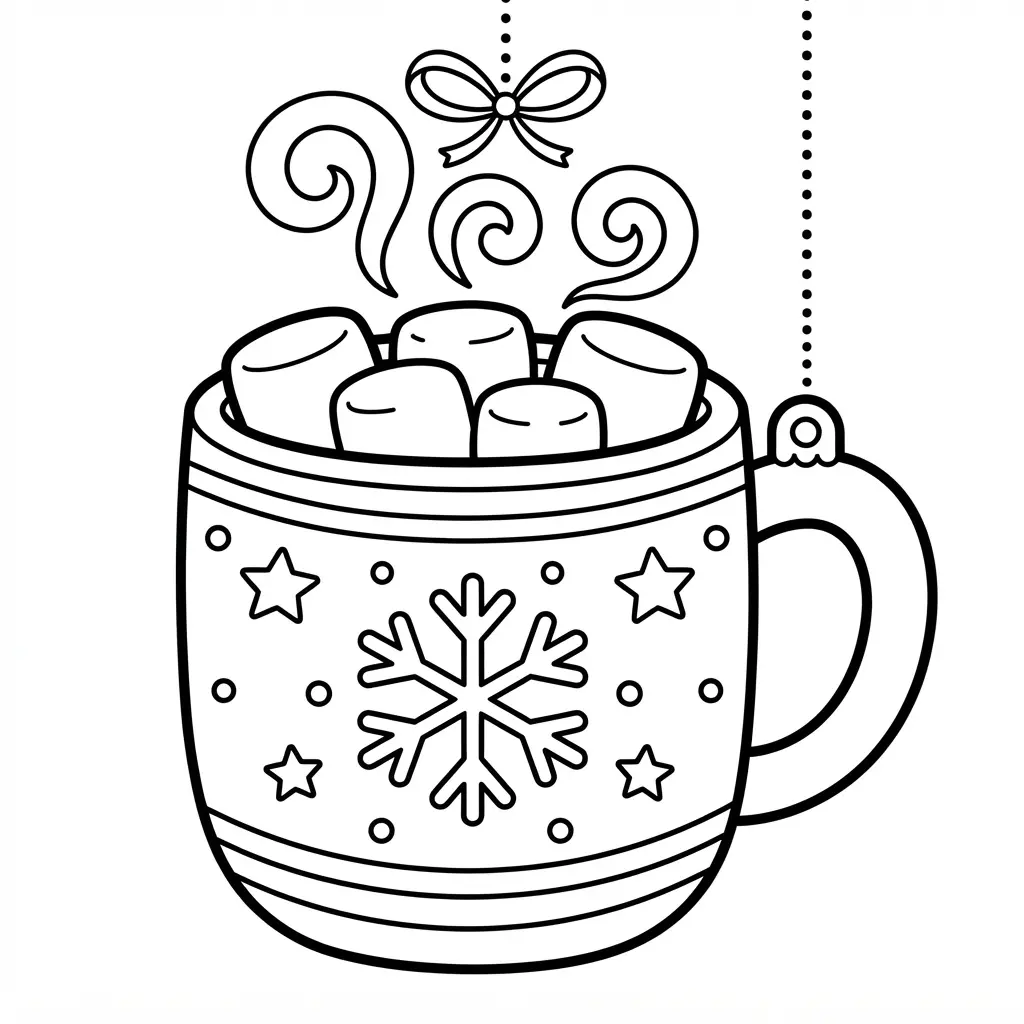 A simple, charming hot cocoa mug ornament with marshmallows and steam details.