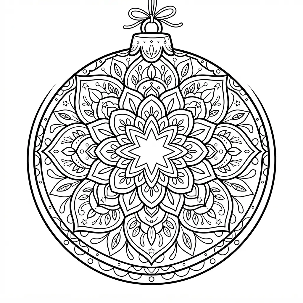 A round Christmas bauble ornament filled with an intricate, symmetrical mandala design.