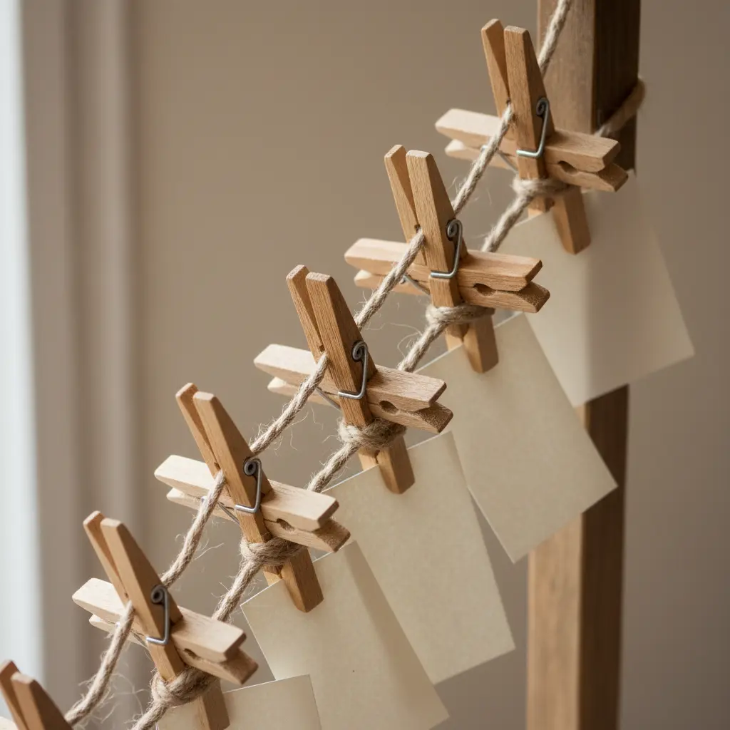 A string of twine holds multiple photos clipped with unfinished wooden clothespins against a neutral wall.