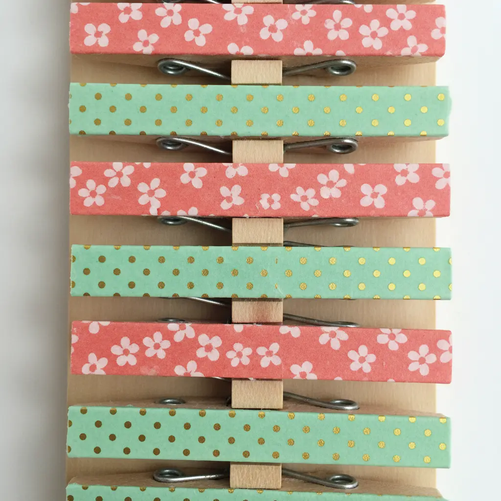 Several clothespins wrapped in colorful patterned washi tape clip receipts and notes to a cork bulletin board.