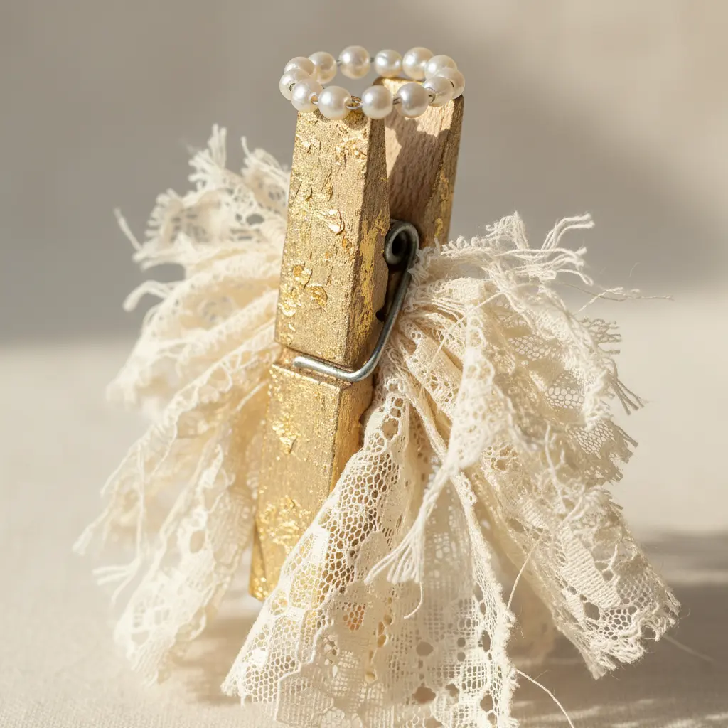 A clothespin painted gold with a lace scrap dress and bead halo hangs from a green Christmas tree branch.