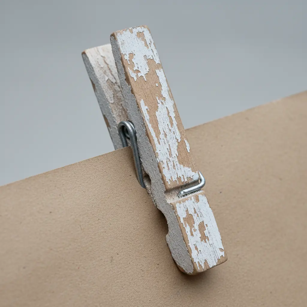 A clothespin with chipped white paint and sanded edges clips a handwritten recipe card to a wire stand.