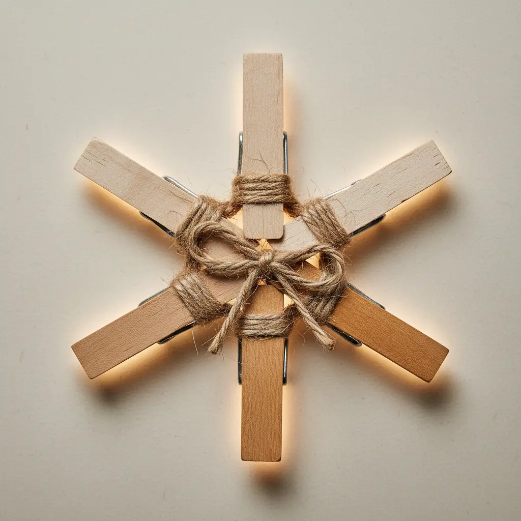 Six unpainted wooden clothespins are glued together at their centers to form a star-shaped snowflake decoration.